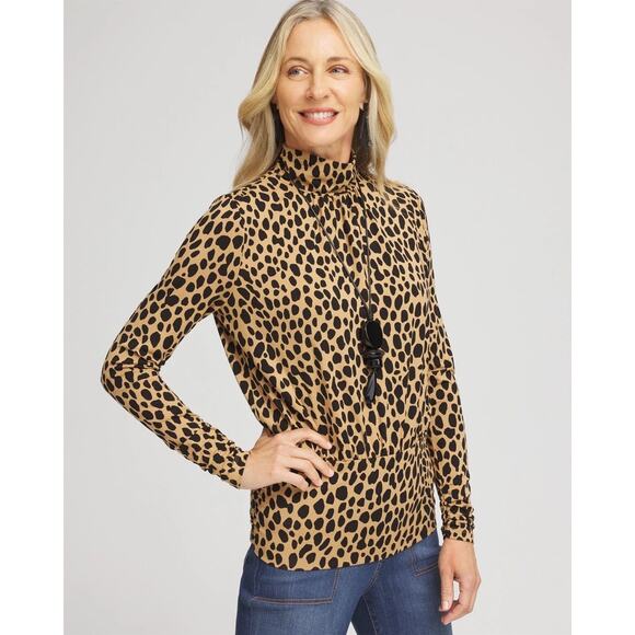 Chico’s Animal print blouse turtleneck gathered sides 3/4 sleeve - Picture 3 of 14